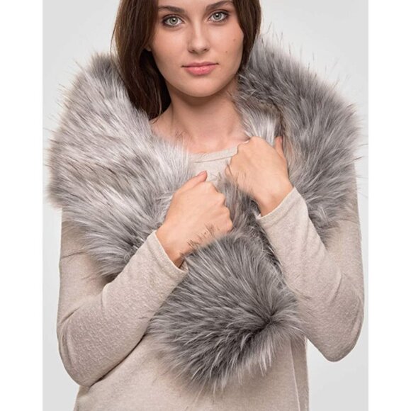 Luxury Silver Real Look Faux Raccoon Fur Scarf Neck Warmer Fur Collar Shawl Wrap - Picture 2 of 5